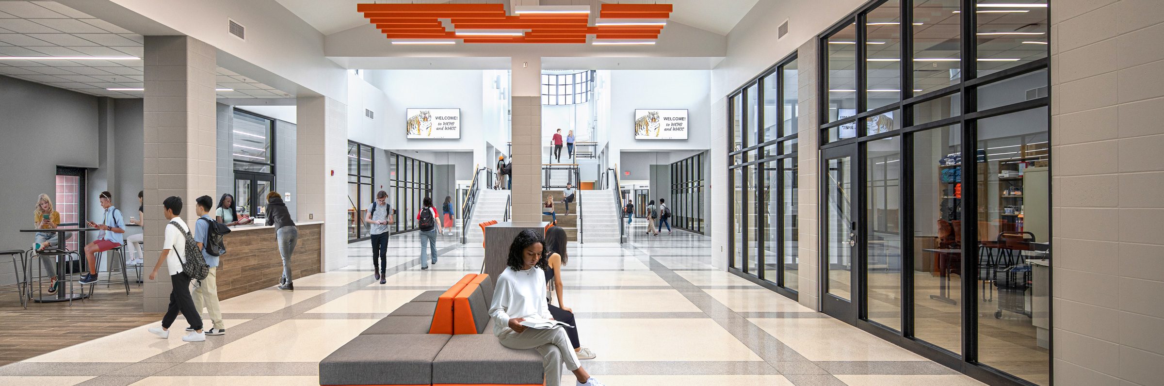 Students studying in Warsaw Community High School's newly remodeled student commons