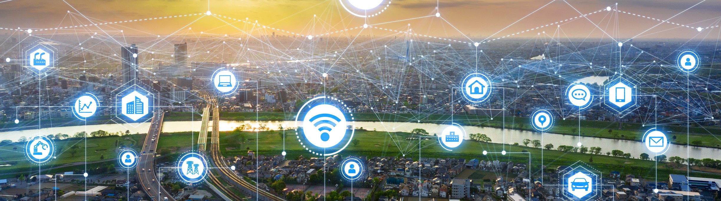 Aerial of a city showing different smart city components