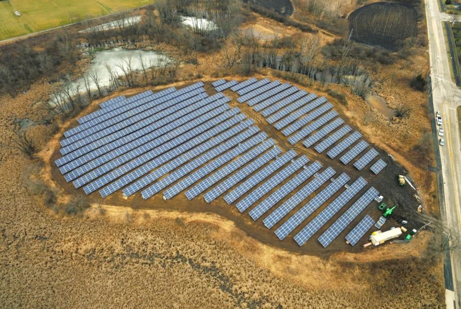 Grayslake SD 127 ground mount solar array aerial view