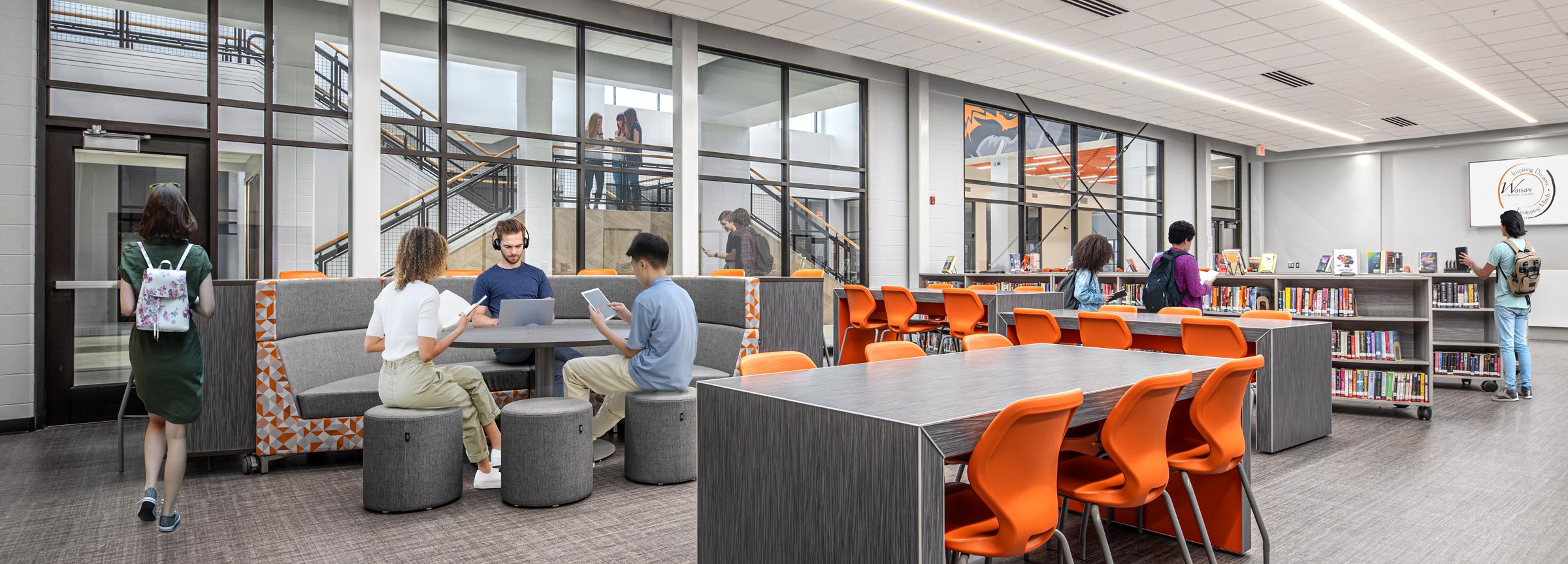 Students studying in Warsaw Community High School's newly remodeled media center