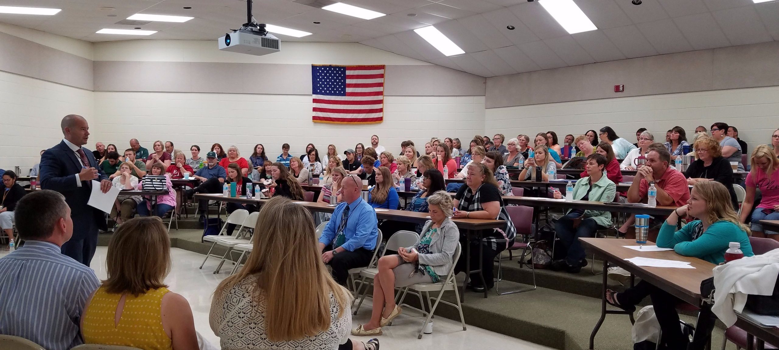 Wisconsin Heights Staff meeting led by Jordan Sinz, District Administrator