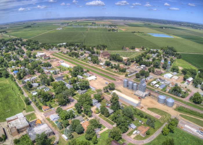 Aerial view of a rural town on a sunny day