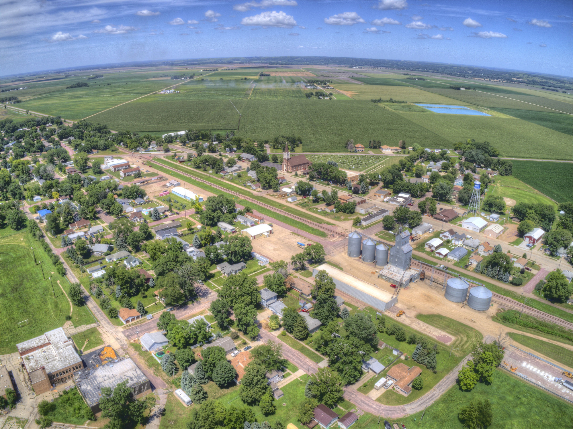 Aerial view of a rural town on a sunny day