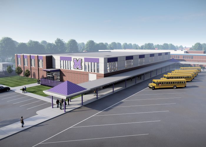 Rendering of New Merrillville Community Schools Career and Technical Education Addition - from Above 2