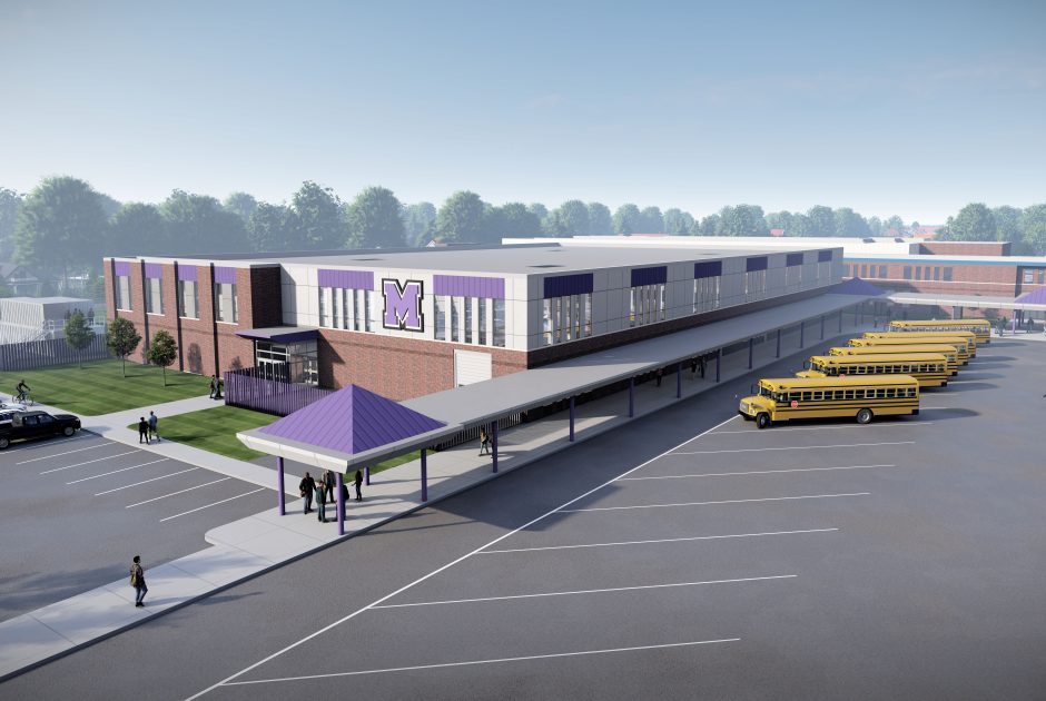 Rendering of New Merrillville Community Schools Career and Technical Education Addition - from Above 2