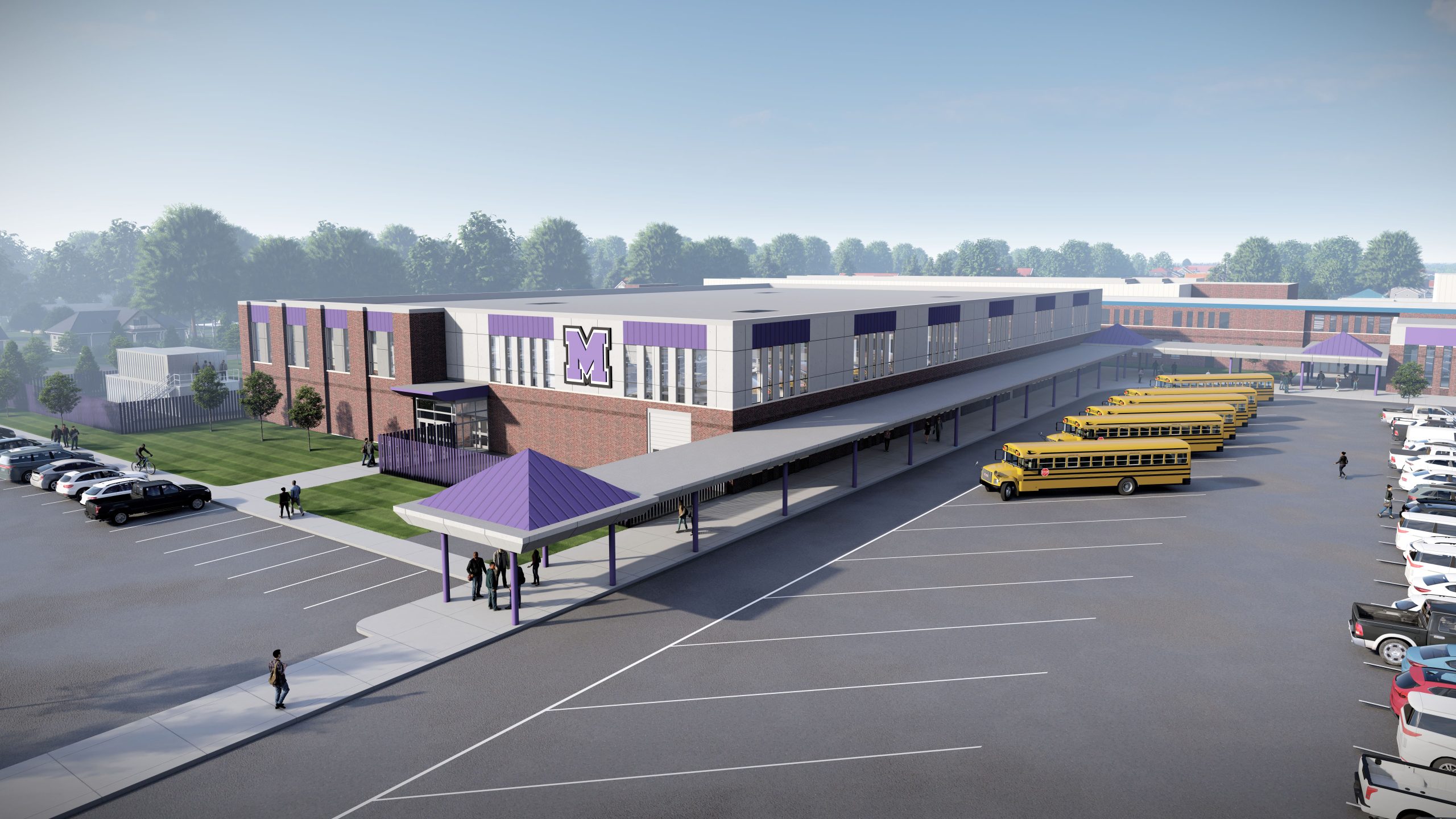 Rendering of New Merrillville Community Schools Career and Technical Education Addition - from Above 2