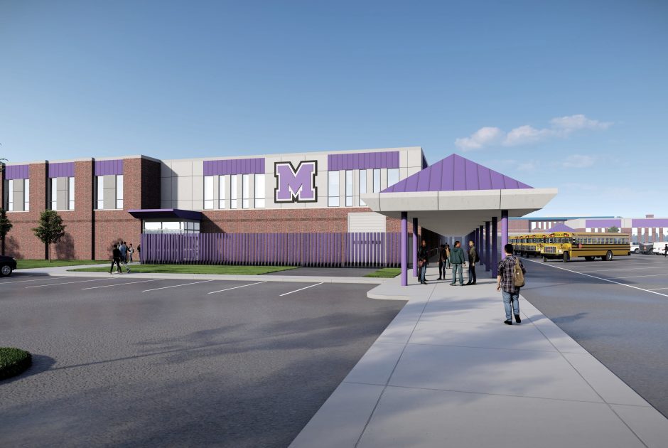 Rendering of New Merrillville Community Schools Career and Technical Education Addition - Highlighting the front entrance