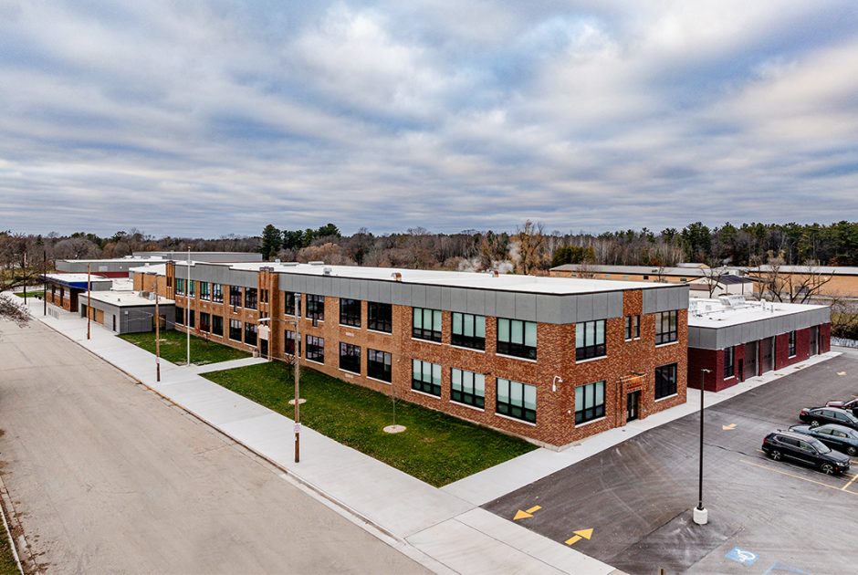 Aerial of Peshtigo School District (Wisconsin) renovated exterior