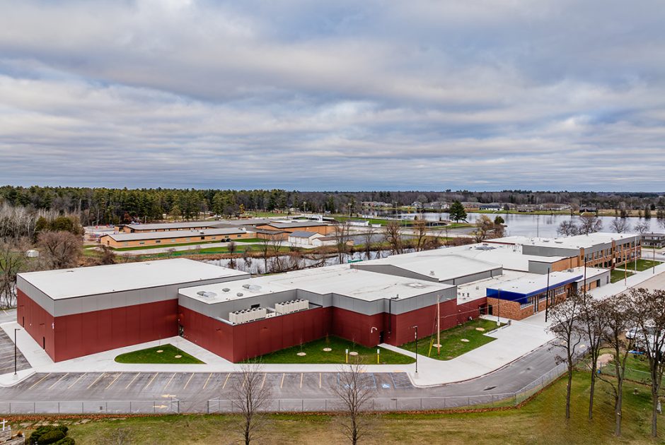 Aerial of Peshtigo School District (Wisconsin) renovated exterior