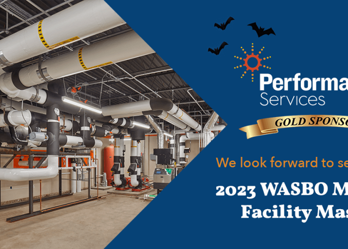 Halloween Themed Header stating Performance Services is a proud Gold Sponsor of the 2023 MIdwest Facility Masters Conferece