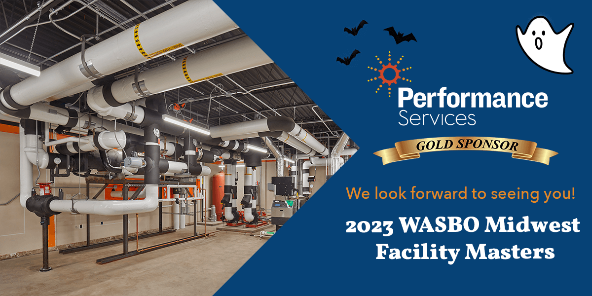 Halloween Themed Header stating Performance Services is a proud Gold Sponsor of the 2023 MIdwest Facility Masters Conferece