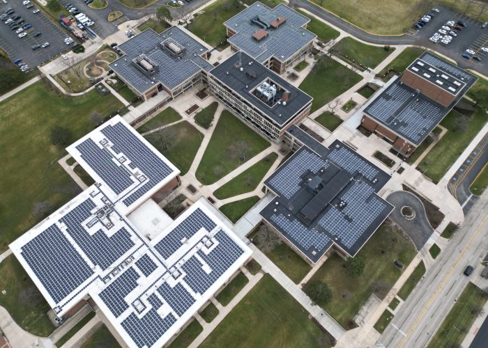 Aerial of roof-mounted solar installation at New Trier High School – Northfield Campus, totaling 1.02 MW