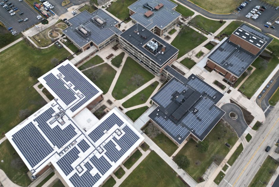 Aerial of roof-mounted solar installation at New Trier High School – Northfield Campus, totaling 1.02 MW