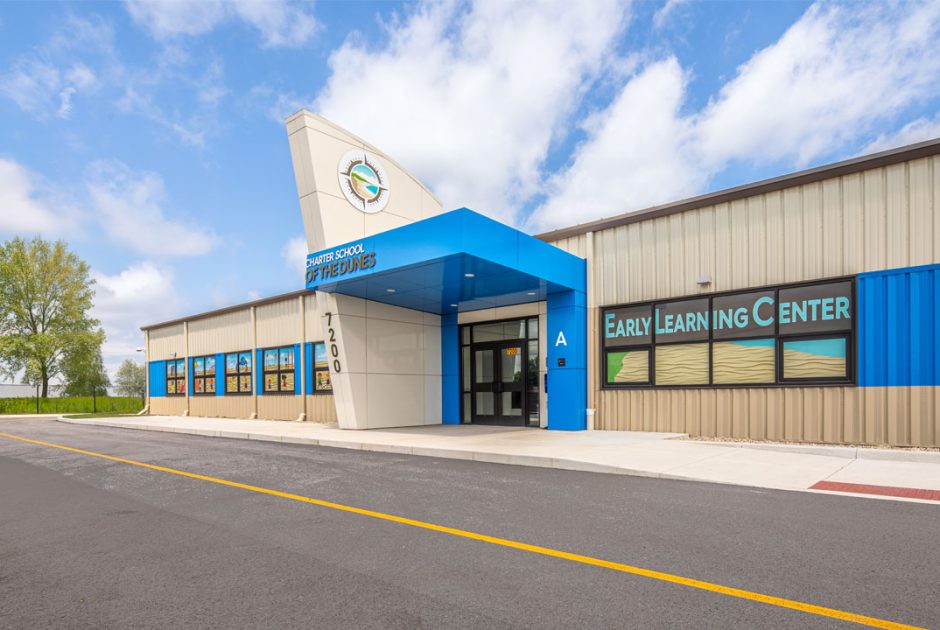 Exterior of the Charter School of the Dunes new, secure, front entrance