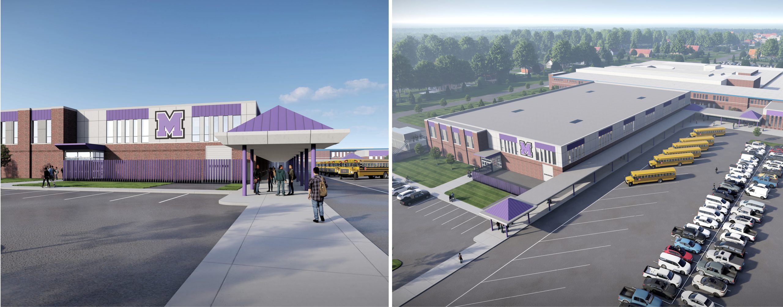 Exterior renderings of Merrillville High School's new Career and Technical Education Building 