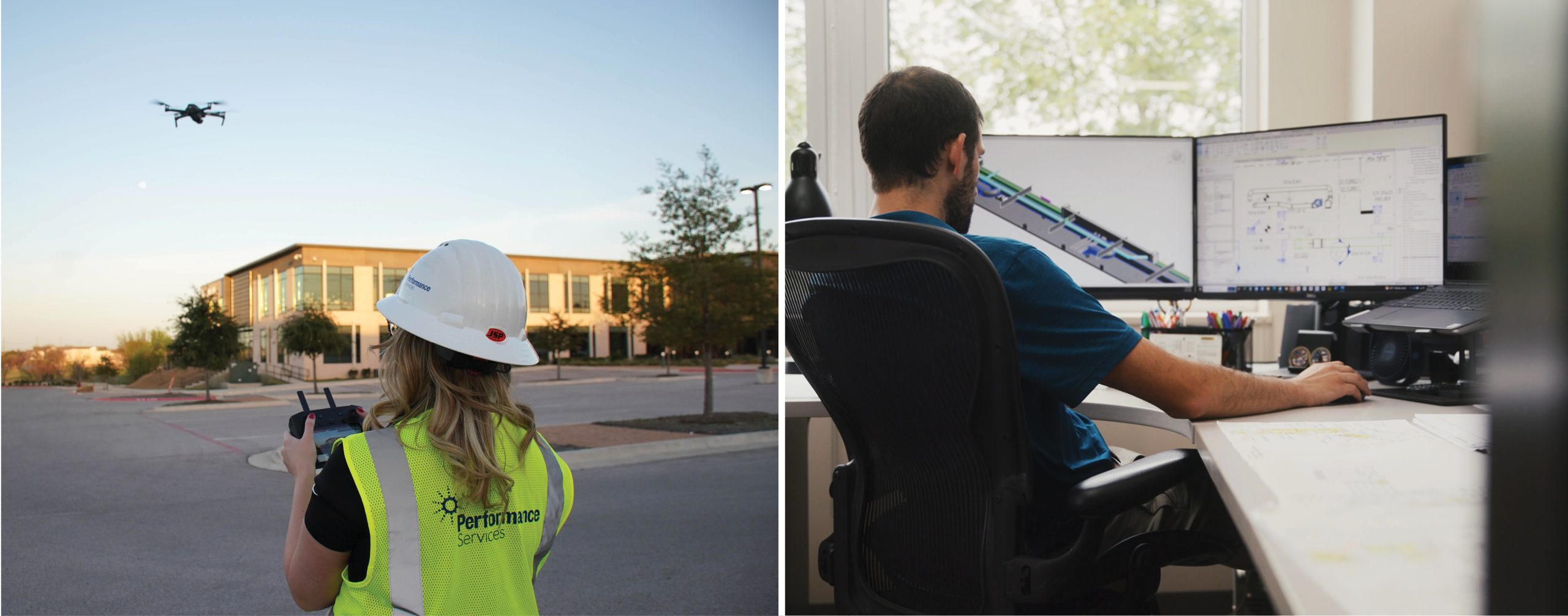 Collage of two Performance Services employees using drones and BIM technology to enhance design-build project planning 