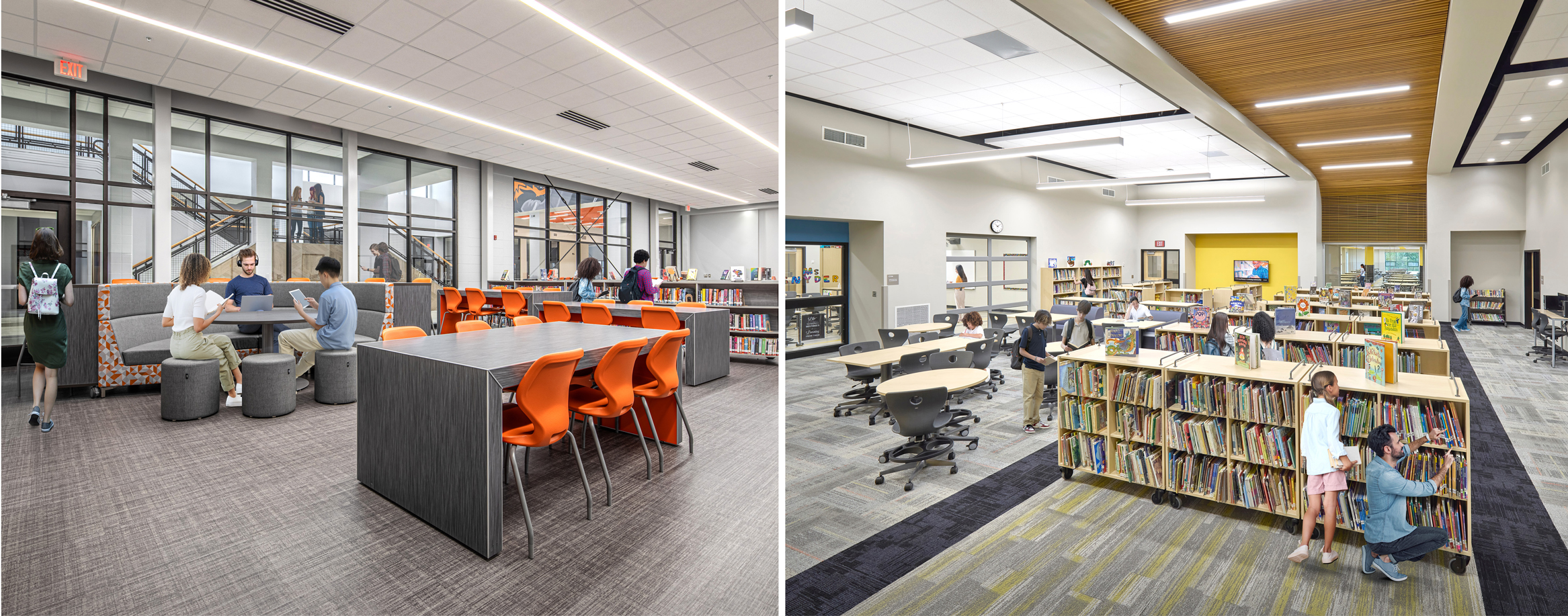 Collage of two K-12 school media centers with students collaborating around flexible workspaces