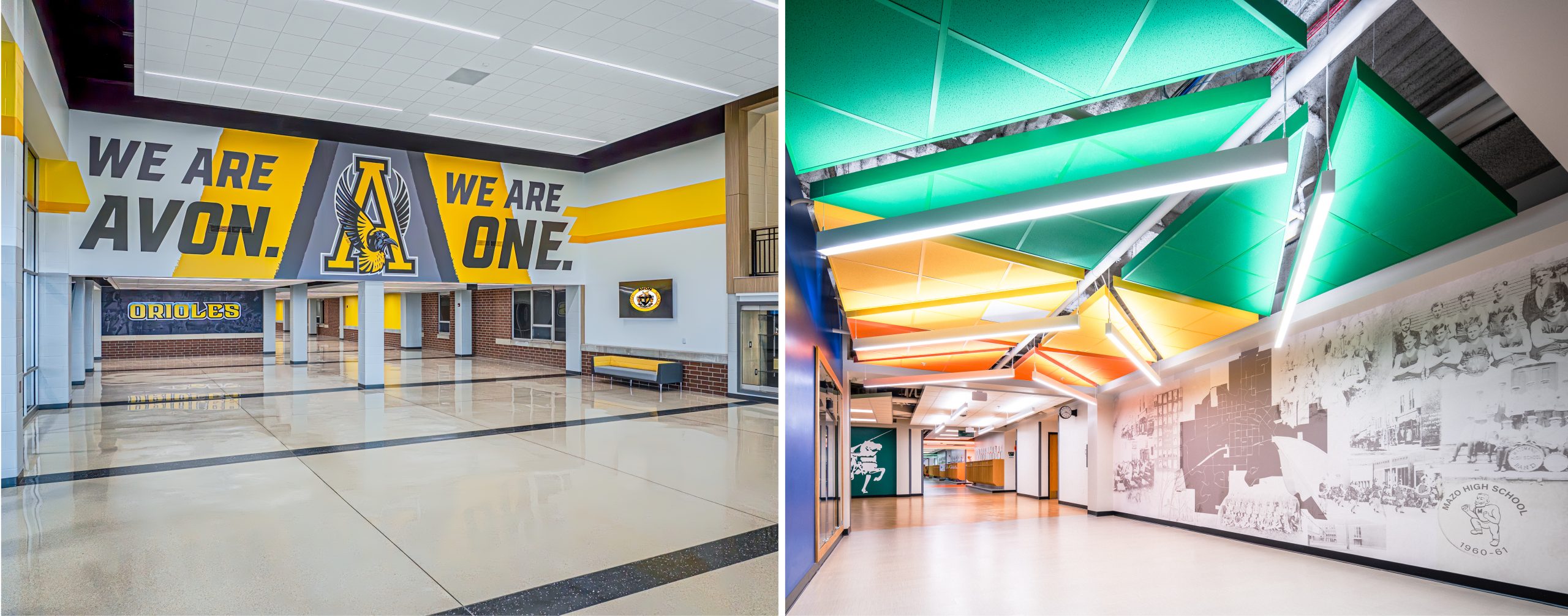 Collage of school branding examples showing the interiors of two schools and the murals, branding, and imagery they use to celebrate their school spirit