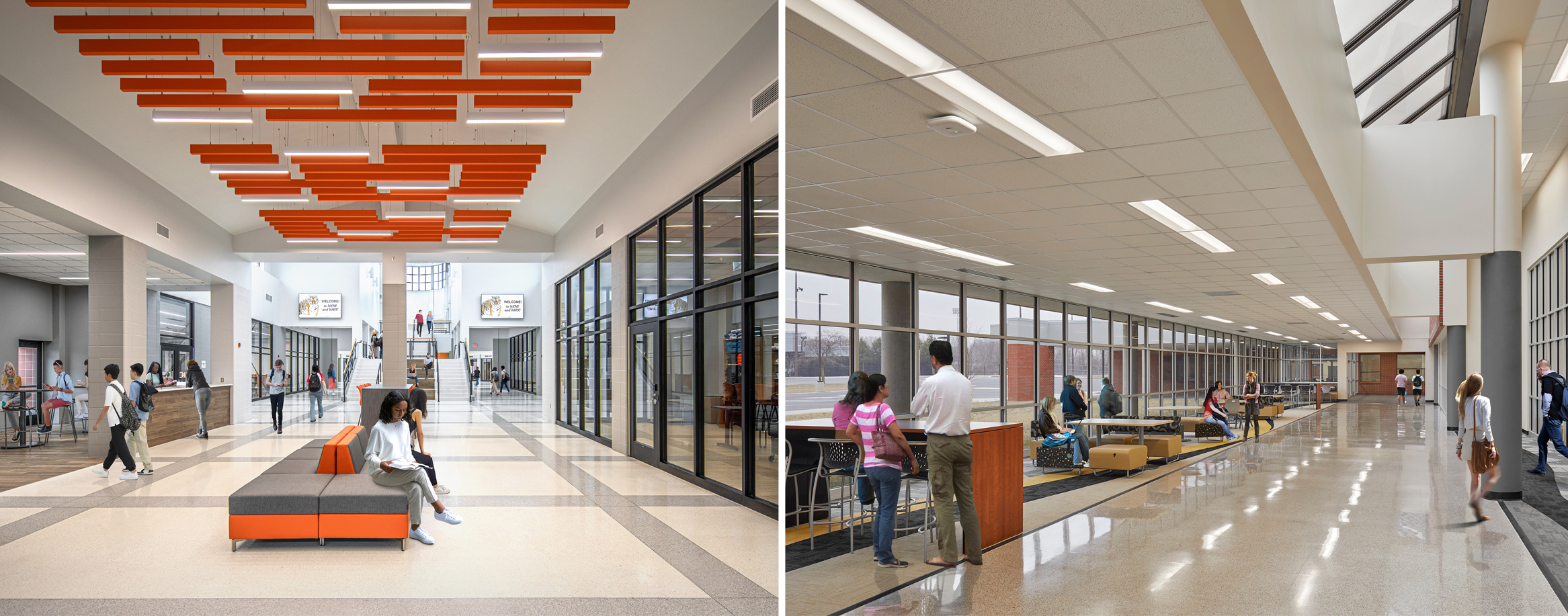 Collage of two K-12 school student commons with students and staff walking/collaborating in the open space